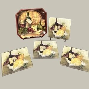 Certified International Susan Winget Wine Cheese Plate + 4 Glass Coasters Set